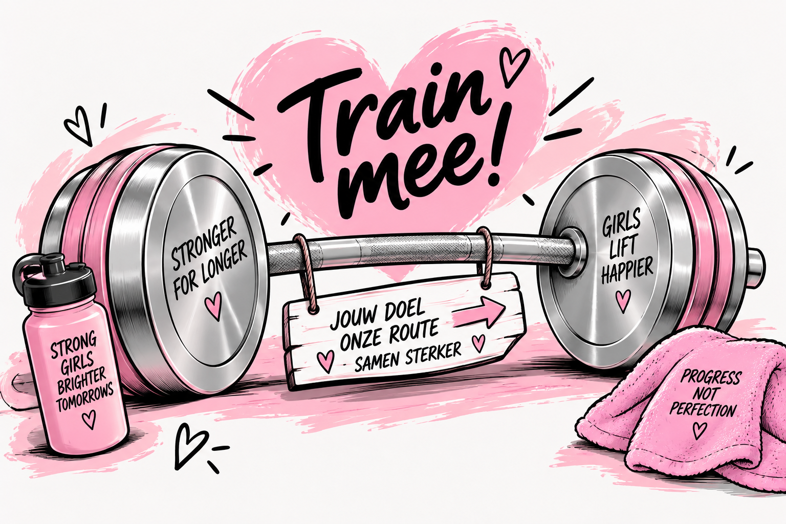 Stronger for Longer comic met roze en zilveren halter